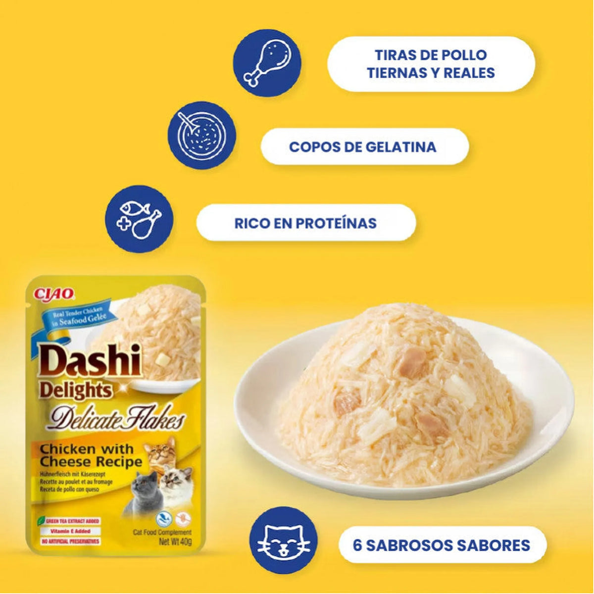 Bolsa de Dashi Flakes de pollo con queso junto a un plato de copos, con cuatro rótulos sobre la receta