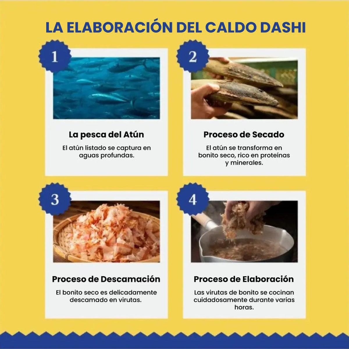 Infografía ilustrada «La elaboración del caldo Dashi», con los cuatro pasos desde la pesca hasta la cocción