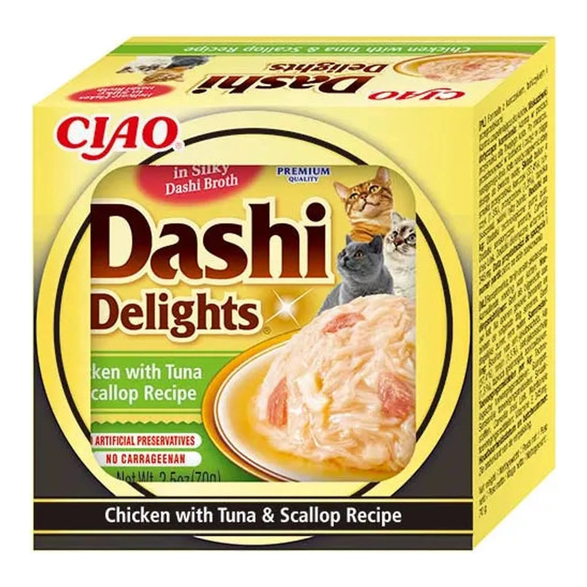 Estuche de cartón de la receta Dashi Delights de pollo con atún y vieira en tarrina