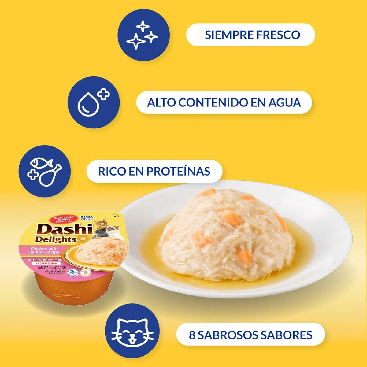 Tarrina colocada junto a un plato de copos de pollo y cuatro rótulos