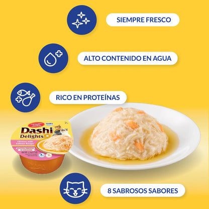 Tarrina colocada junto a un plato de copos de pollo y cuatro rótulos