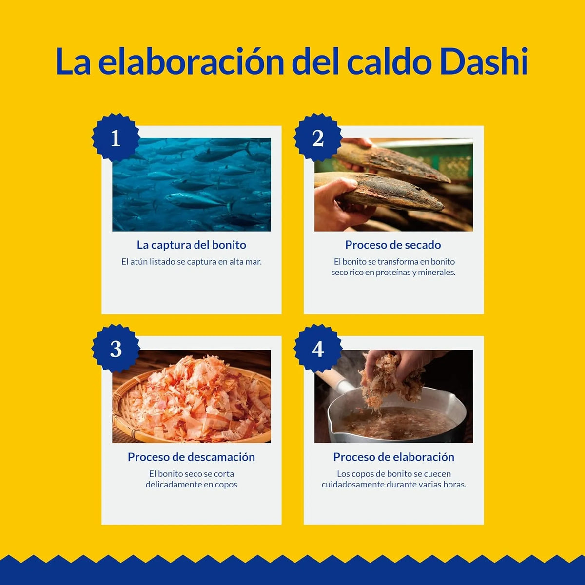 Infografía de «La elaboración del caldo Dashi», resumida en cuatro pasos