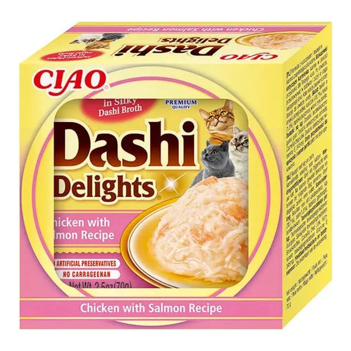 Estuche de cartón de la receta Dashi Delights de pollo con salmón en tarrina