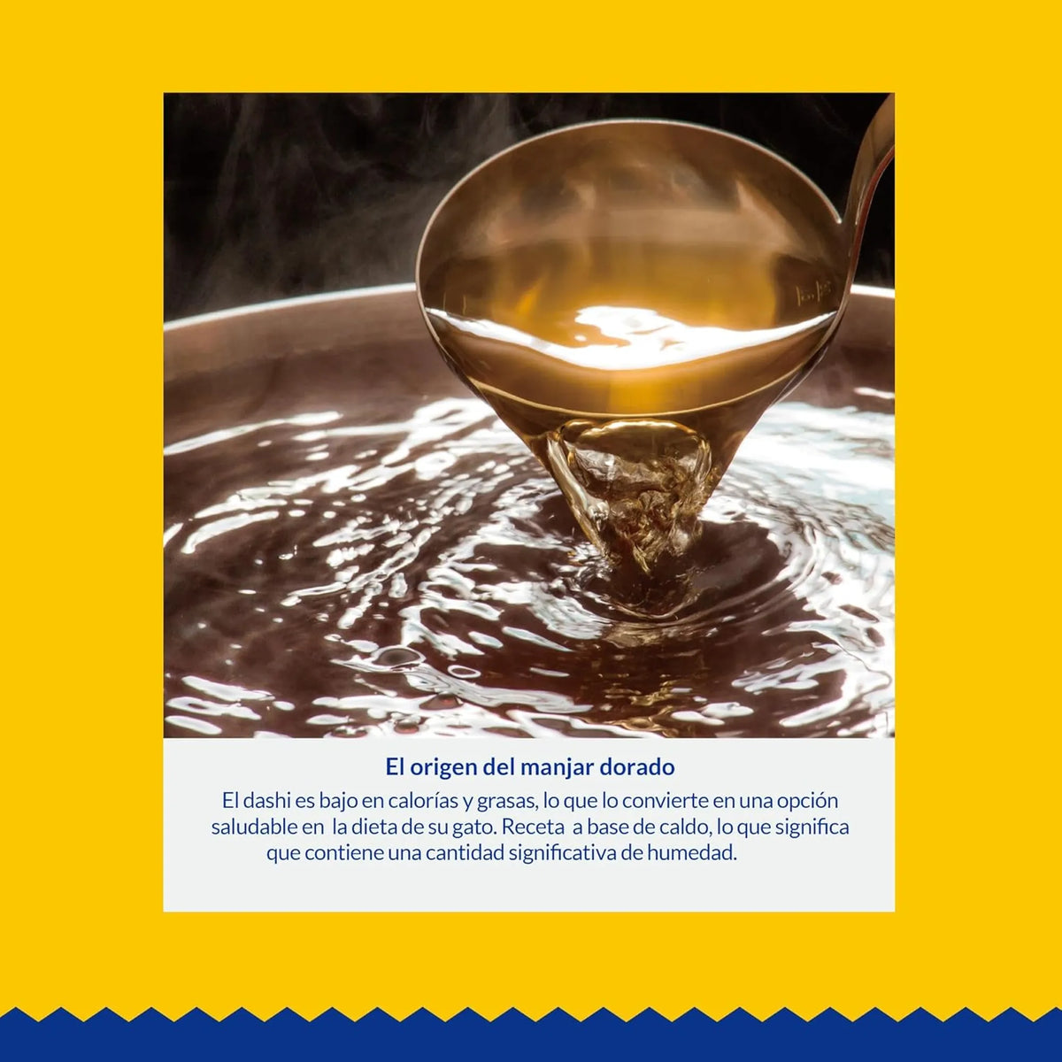 Cazo de madera vertiendo caldo dorado sobre fondo negro, con el rótulo «El origen del manjar dorado»