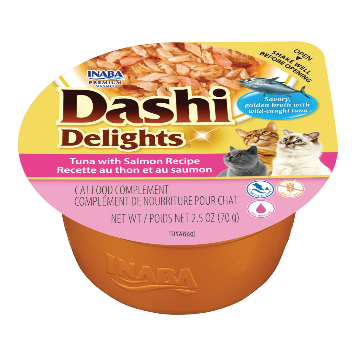 Dashi Delights Tuna de atún con salmón en tarrina para gatos, tarrina de 70 g, EAN 14262365731965