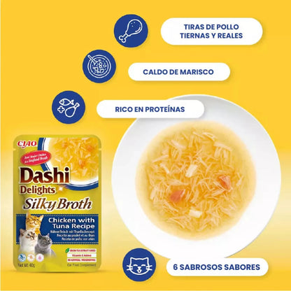 Bolsa del caldo con atún junto a un plato servido con tiras de pollo y cuatro rótulos