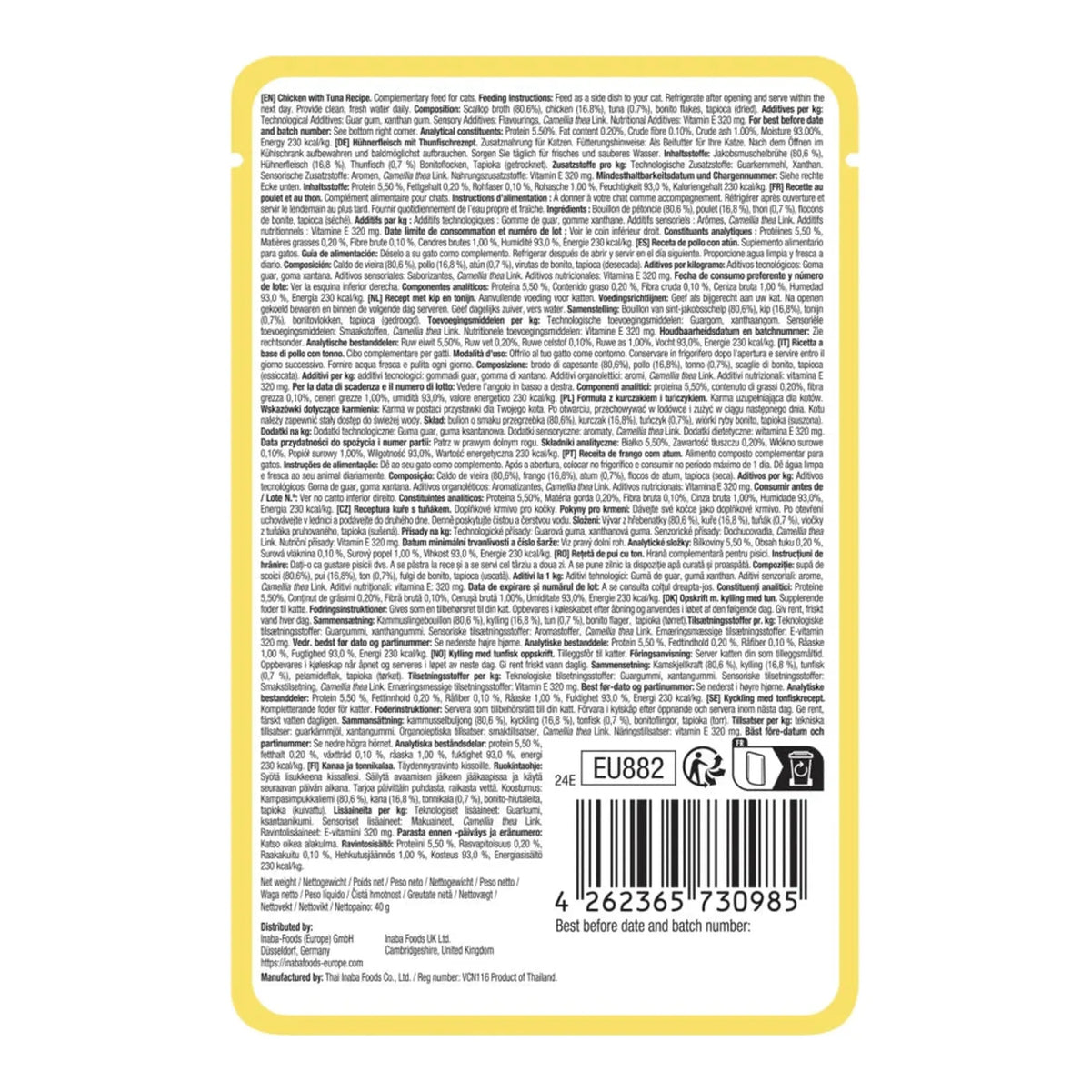 Dorso de la bolsa con el texto del envase en varios idiomas y el código de barras