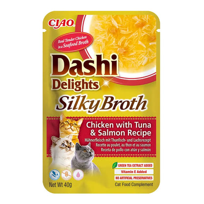 Dashi Delights caldo de pollo con atún y salmón para gatos, bolsa de 40 g, EAN 14262365731019