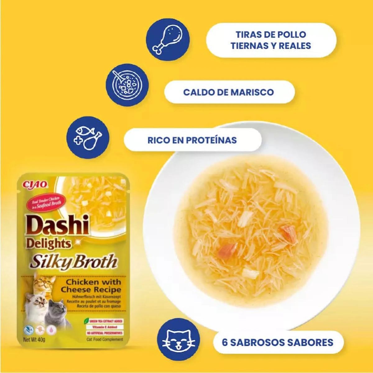 Bolsa de Dashi Delights con queso junto a un plato de caldo con tiras de pollo y cuatro rótulos
