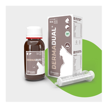 Envase de Dermadual gel para la piel de gatos de Pharmadiet, 50 ml con jeringa dosificadora, EAN 8414042003776