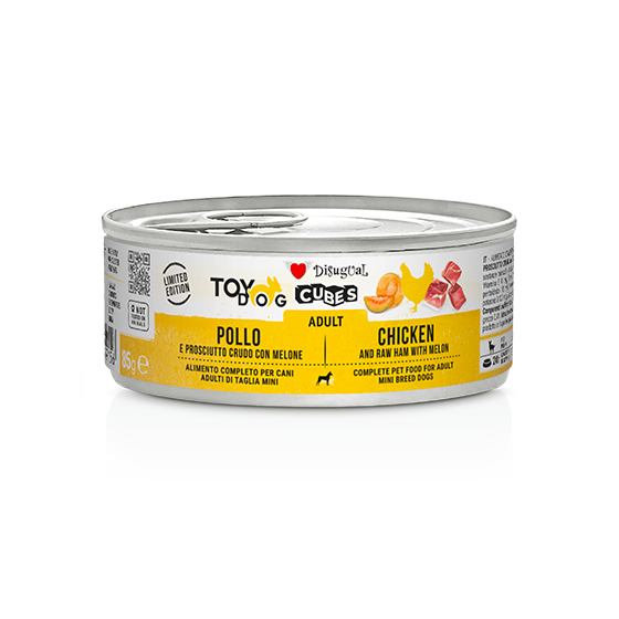 Lata de 85 g de Disugual Toy Dog Cubes, latas Disugual pollo y jamón para perros