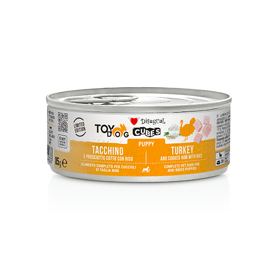 Lata de 85 g de Disugual Toy Dog Cubes Puppy, latas Disugual pavo y jamón para cachorros