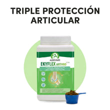 Bote de Ekyflex Arthro Evo para caballos con cacito azul y el titular de triple soporte articular