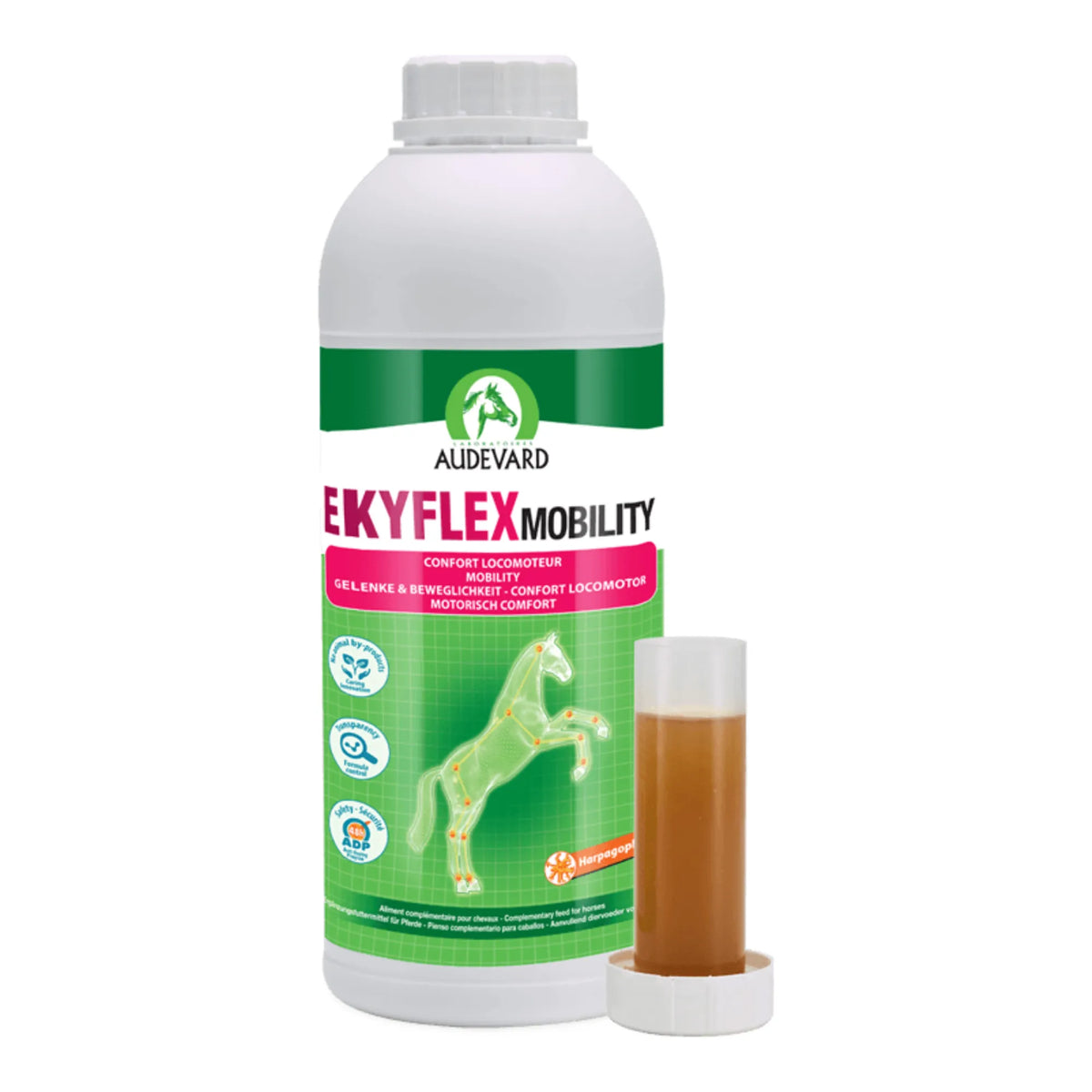 Bote de Ekyflex Mobility Audevard para caballos con vaso medidor dosificador lleno de líquido ámbar
