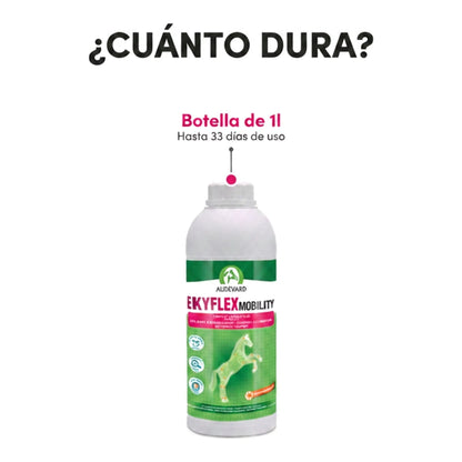 Botella de 1 litro de Ekyflex Mobility Audevard para caballos con su duración de uso indicada