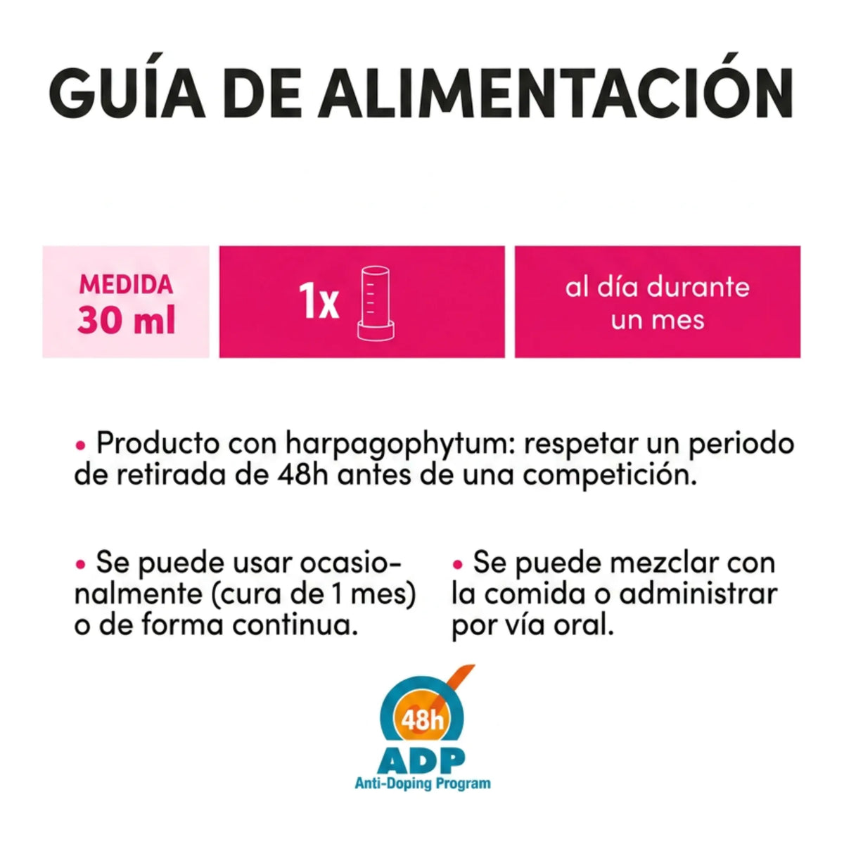 Guía de alimentación con medida de 30 ml una vez al día durante un mes