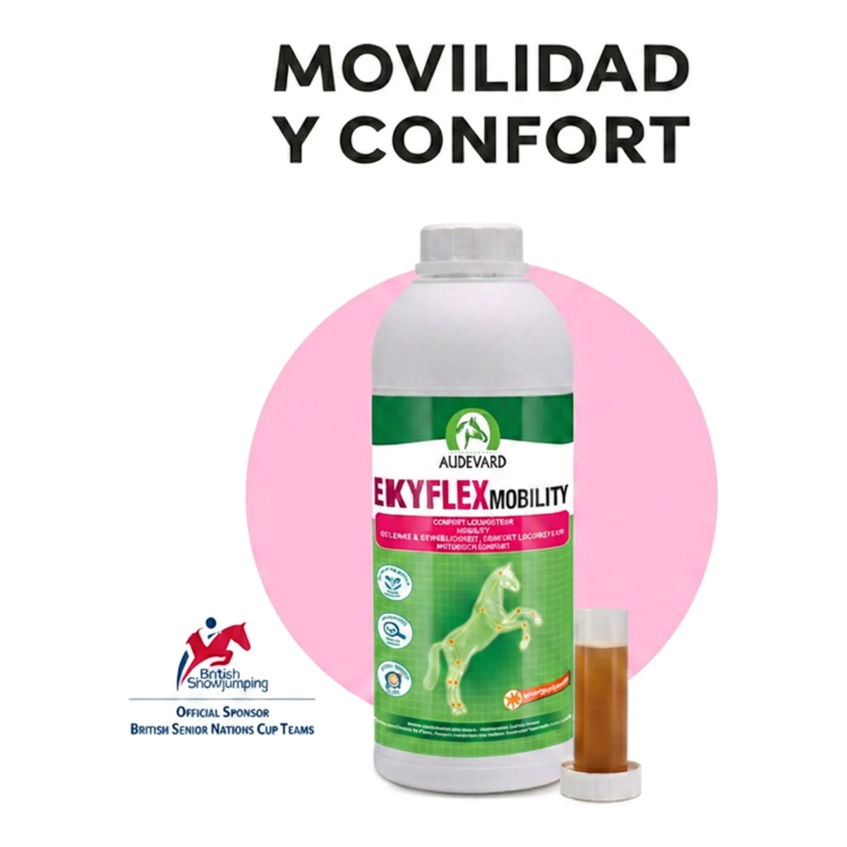 Bote de Ekyflex Mobility Audevard para caballos sobre círculo rosa con el titular de movilidad y confort