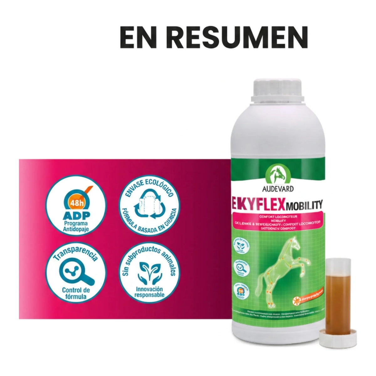Resumen visual de Ekyflex Mobility Audevard para caballos con sellos de calidad junto al bote