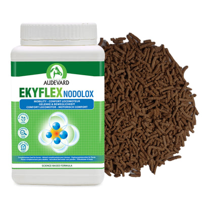 Ekyflex Nodolox Audevard para caballos, bote con etiqueta verde y granulado oscuro