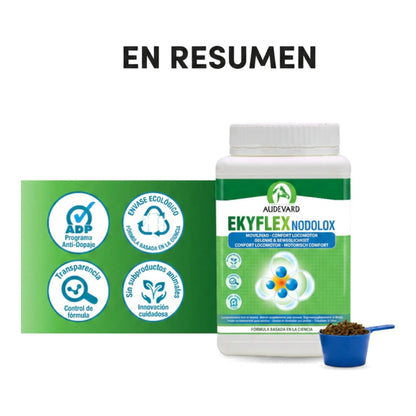 Ekyflex Nodolox Audevard para caballos: resumen visual con el bote, el cacito azul y los sellos