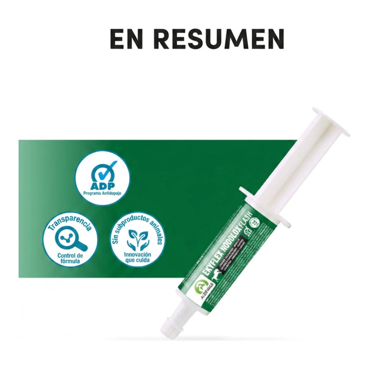 Resumen visual de Ekyflex Nodolox Flash para caballos con sellos de calidad junto a la jeringa