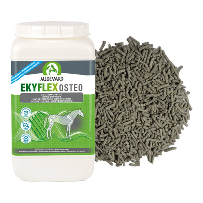 Ekyflex Osteo Audevard para caballos, bote con etiqueta verde y granulado verdoso