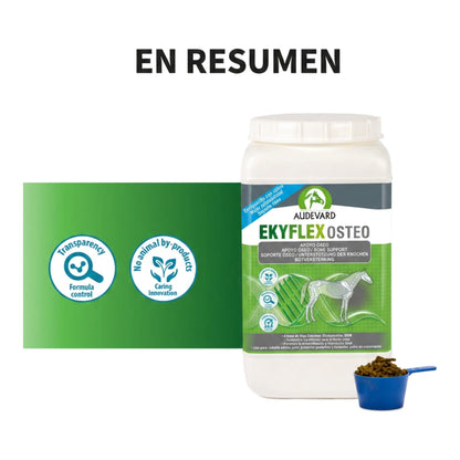 Ekyflex Osteo Audevard para caballos: resumen visual con el bote y los sellos de calidad