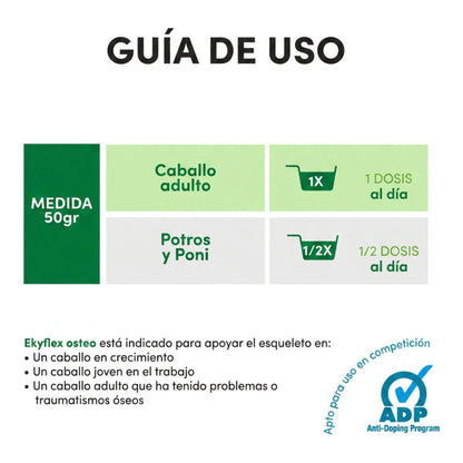 Guía de uso de Ekyflex Osteo Audevard para caballos con medida de 50 gramos