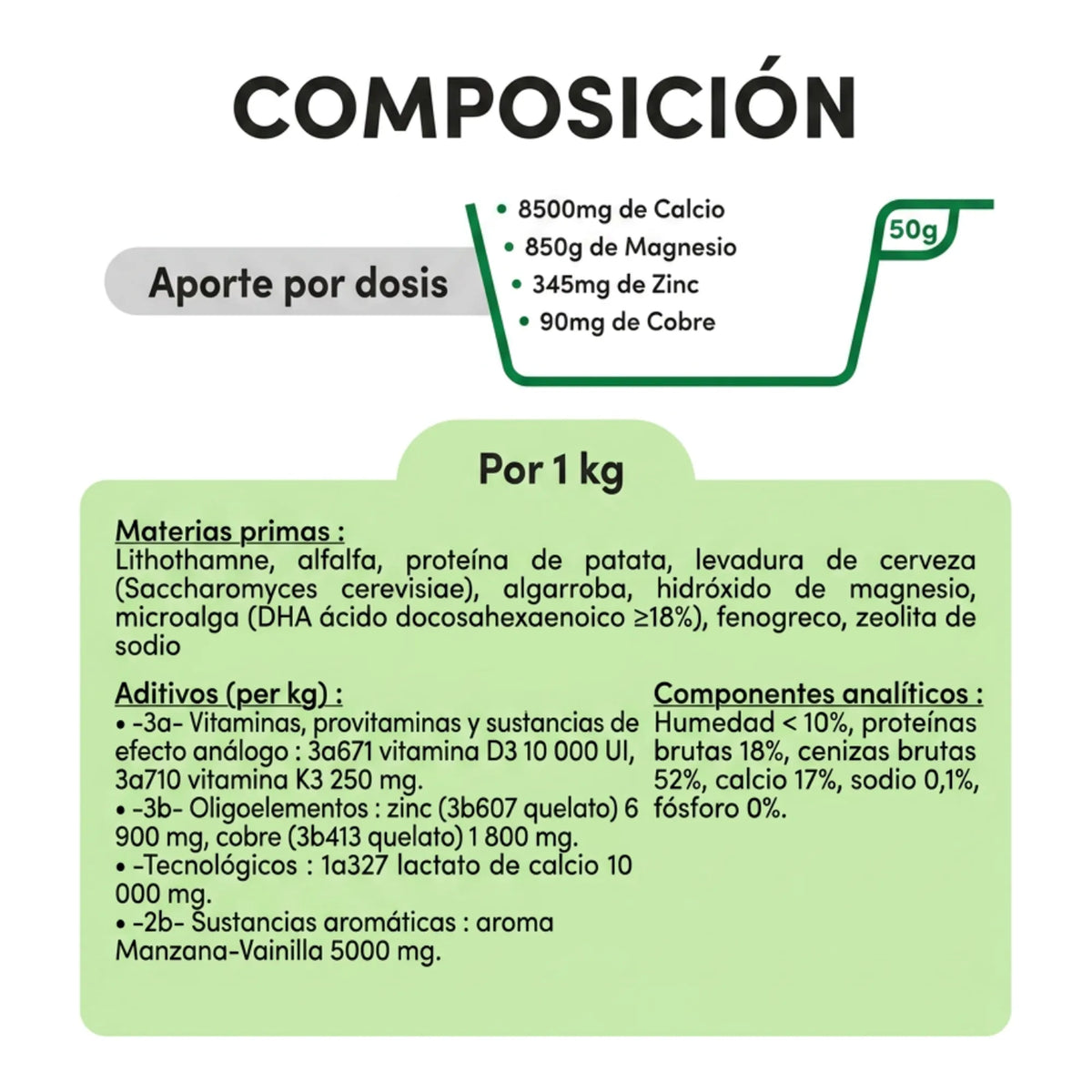 Composición de Ekyflex Osteo: aporte por dosis de 50 gramos y tabla por kilo