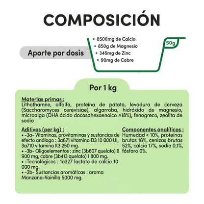 Composición de Ekyflex Osteo: aporte por dosis de 50 gramos y tabla por kilo