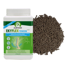 Bote de Ekyflex Tendon Evo para caballos junto a su granulado oscuro