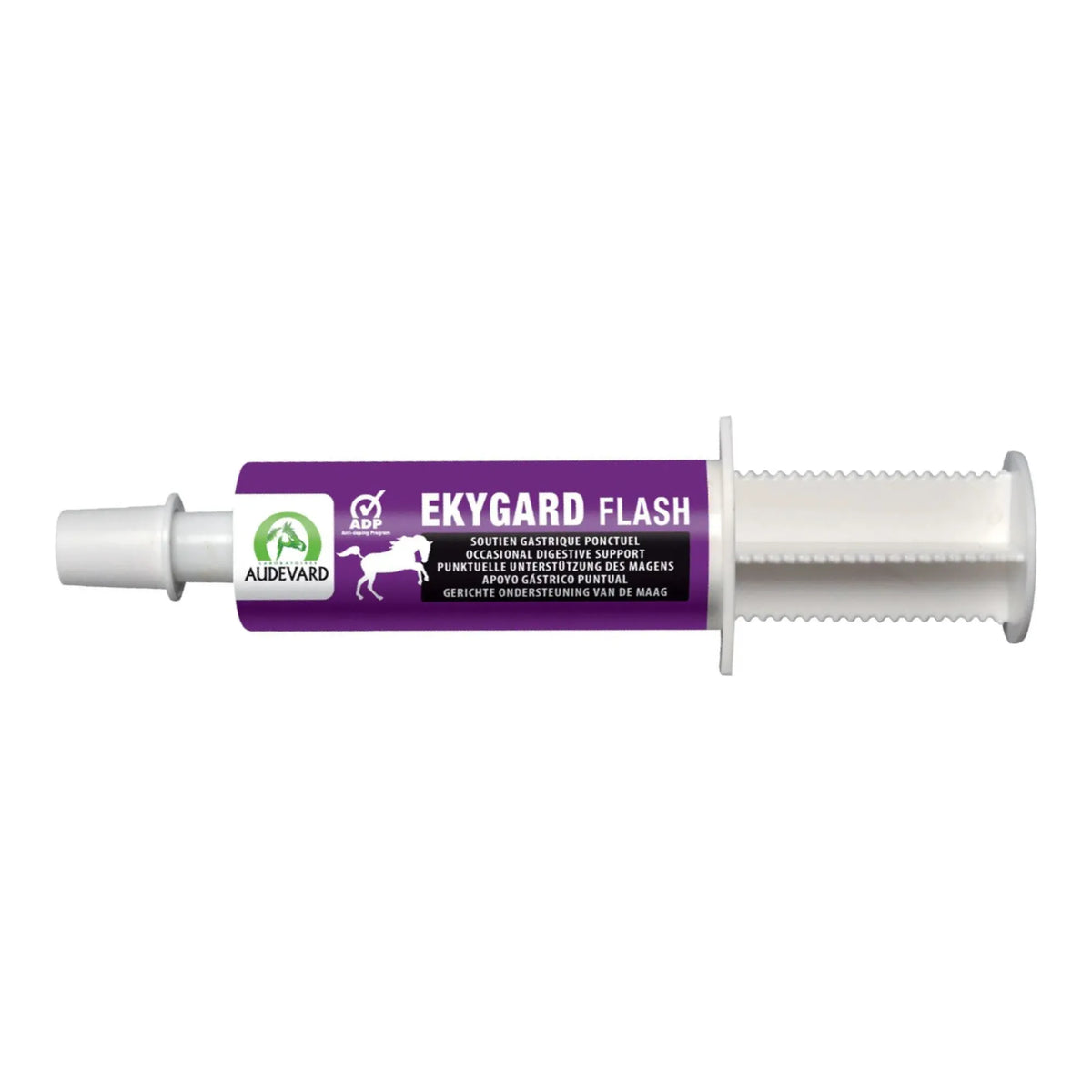 Jeringa oral de 60 ml de Ekygard Flash Audevard para caballos sobre fondo blanco