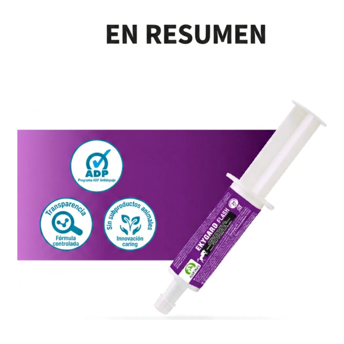 Resumen visual de Ekygard Flash Audevard para caballos con sellos de calidad junto a la jeringa