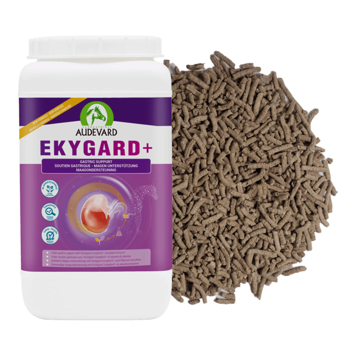 Bote de Ekygard Audevard protector gástrico para caballos junto a su granulado marrón