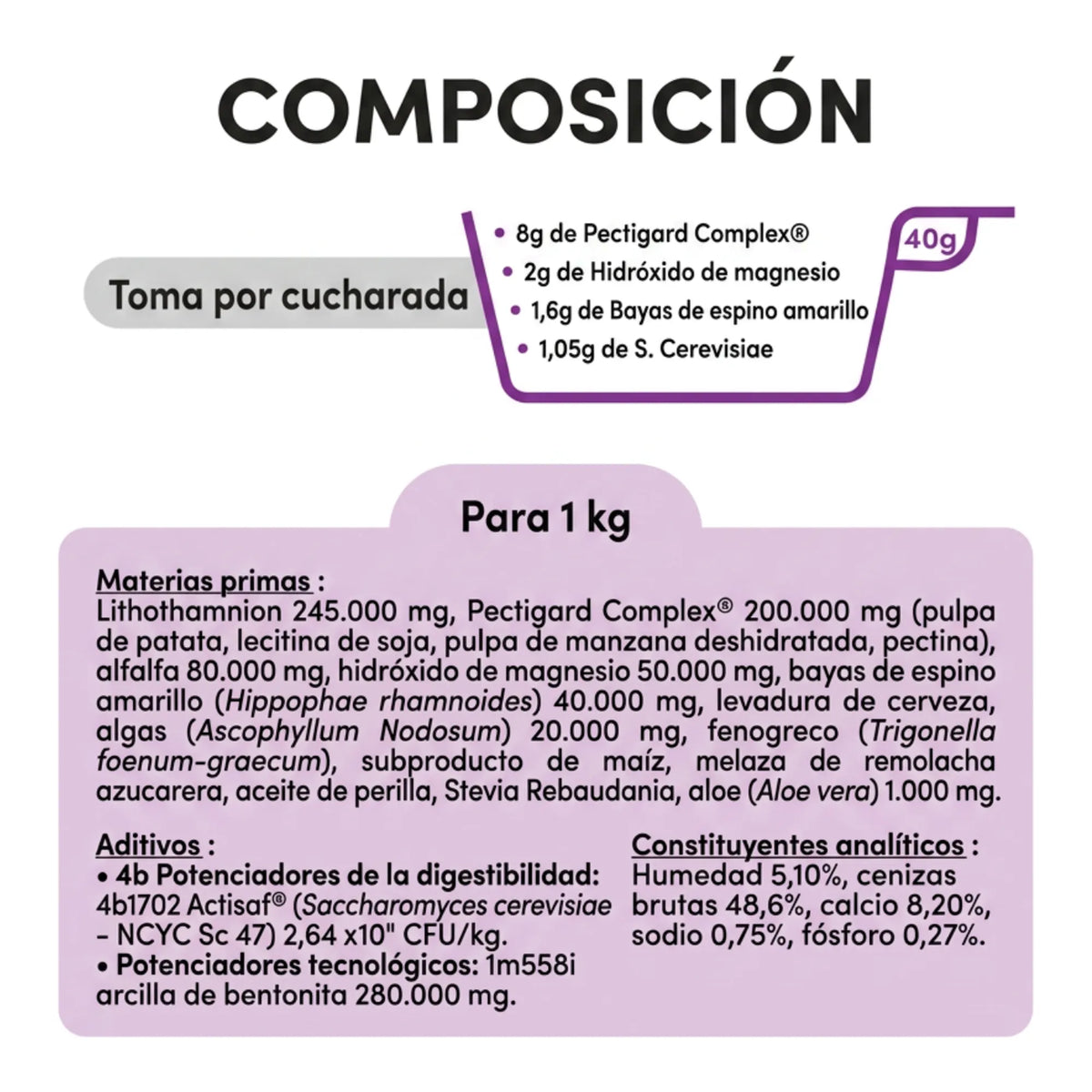 Tabla de composición por cacito y por kilo con Pectigard, magnesio y levadura