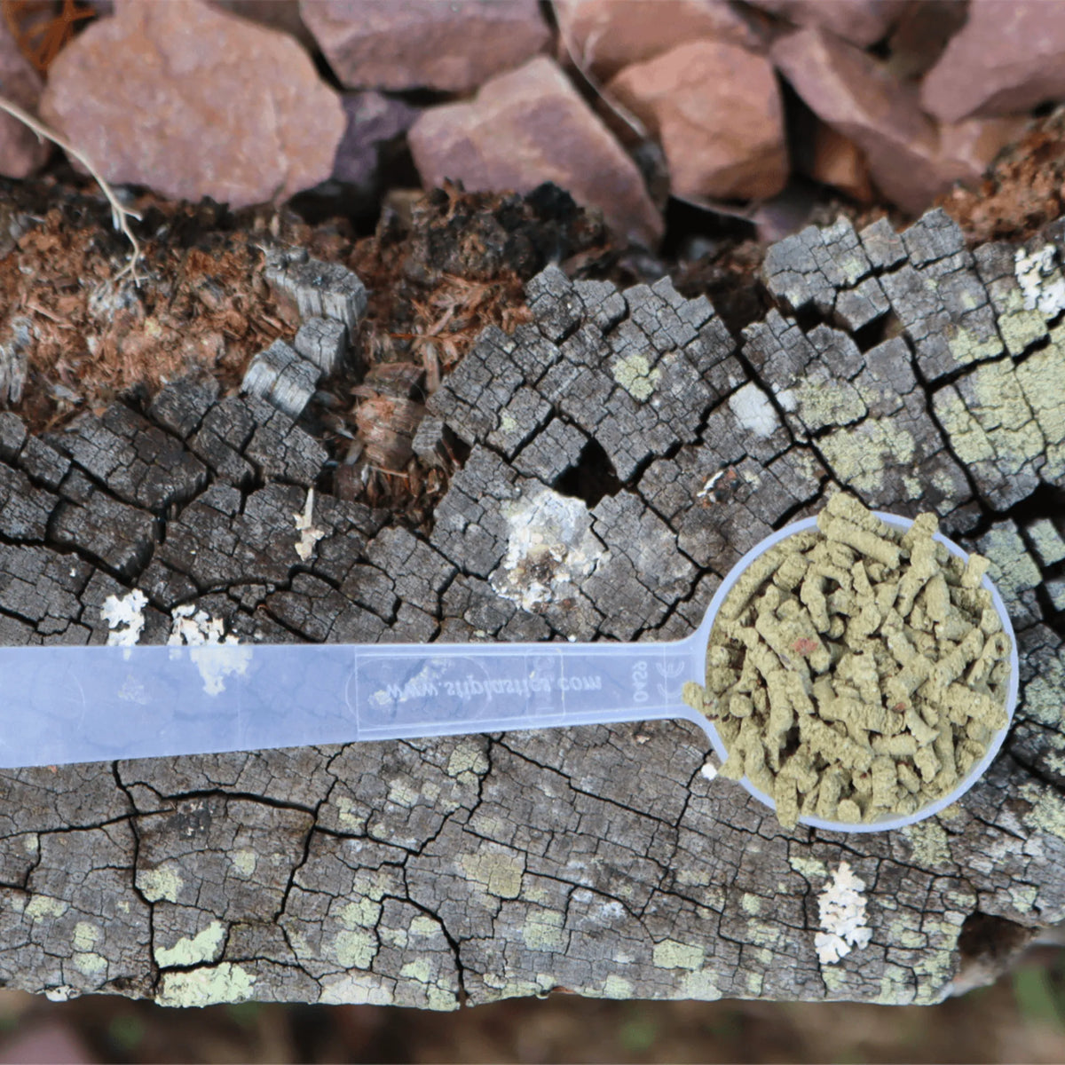 Cacito azul con granulado marrón sobre una superficie de corteza seca