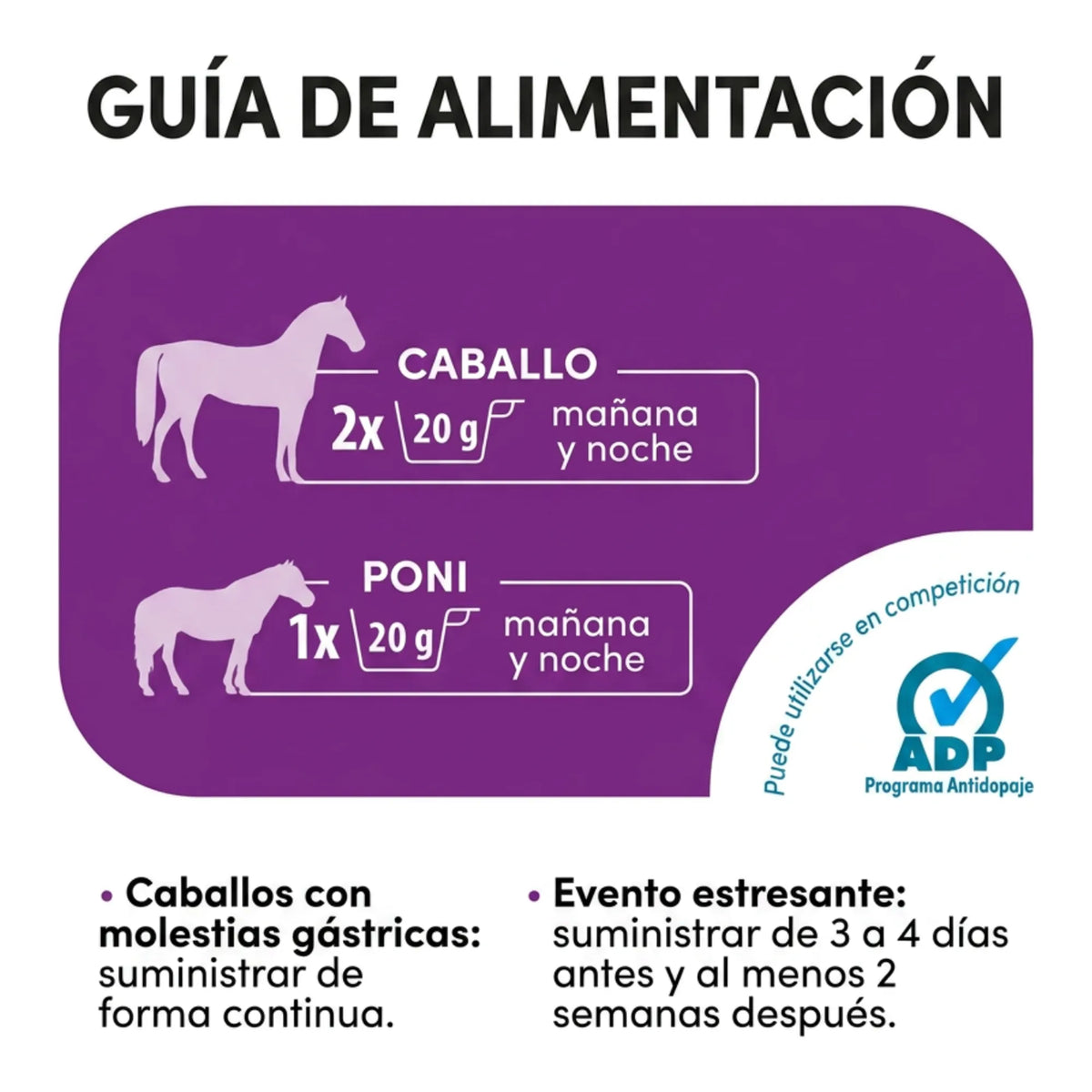 Guía de alimentación con dosis de 20 g para caballo y poni