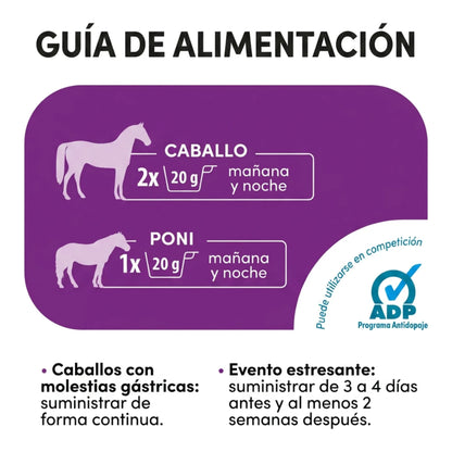 Guía de alimentación con dosis de 20 g para caballo y poni