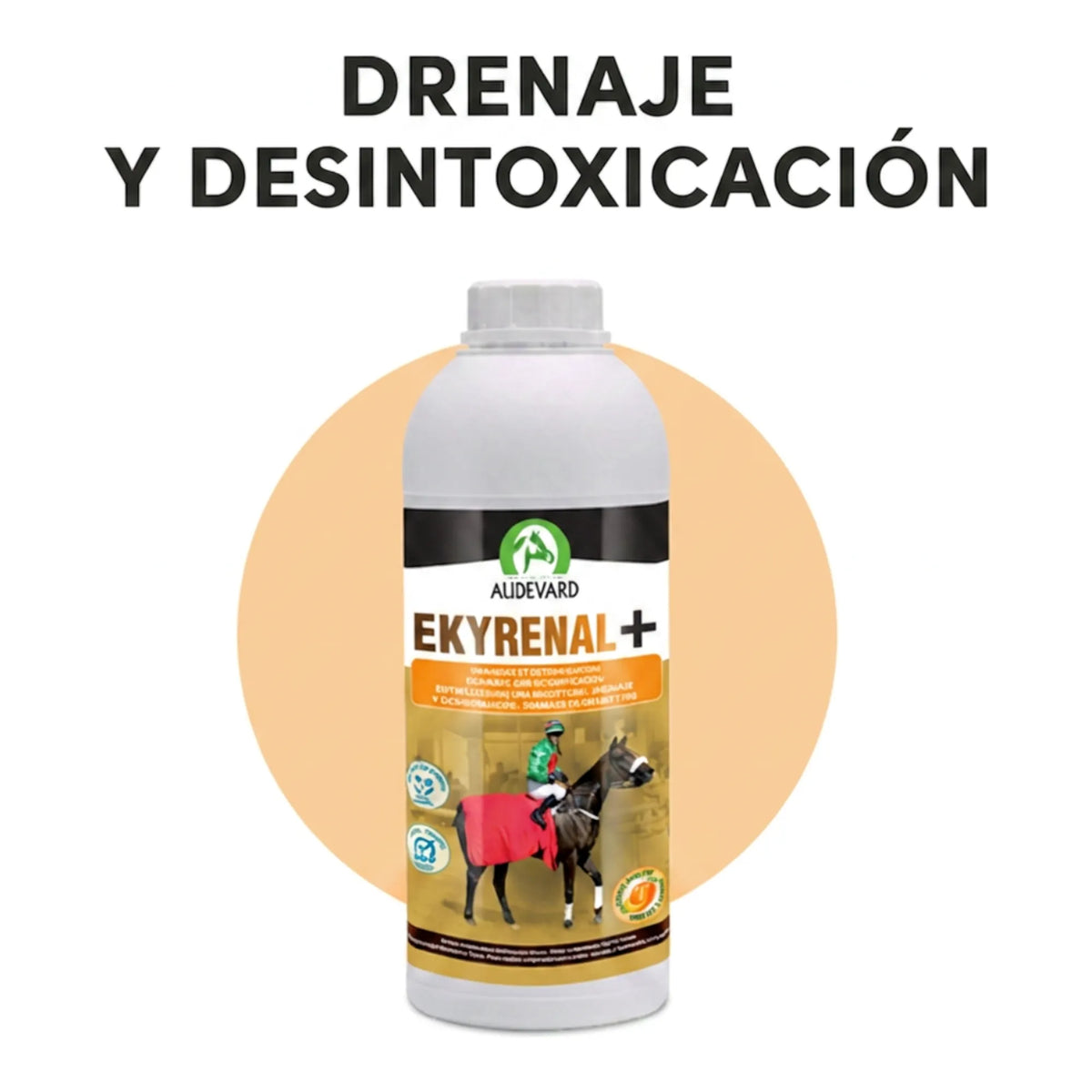 Bote de Ekyrenal Audevard drenaje para caballos sobre círculo naranja con el titular de drenaje y desintoxicación
