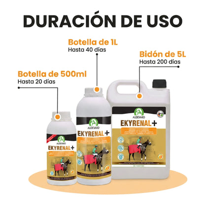Botellas de 500 ml y 1 litro y bidón de 5 litros de Ekyrenal Audevard drenaje para caballos