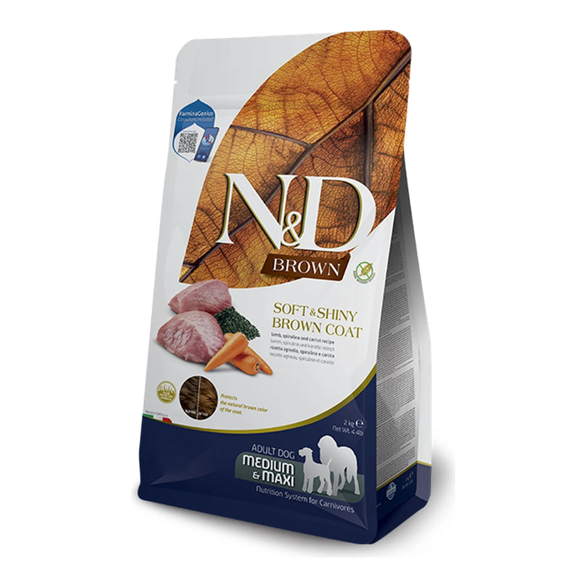 Saco del pienso Farmina Brown maxi de cordero, espirulina y zanahoria para perros medianos y grandes