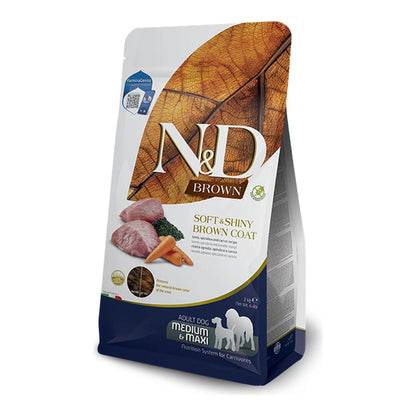 Saco del pienso Farmina Brown maxi de cordero, espirulina y zanahoria para perros medianos y grandes