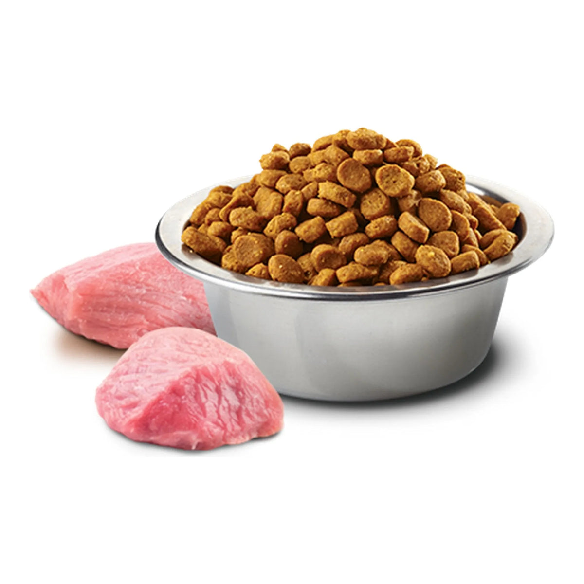 Cuenco metálico con croquetas doradas junto a dos trozos de carne cruda