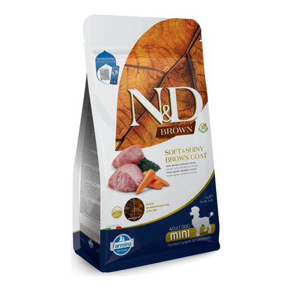 Saco del pienso Farmina Brown mini de cordero, espirulina y zanahoria para perros adultos