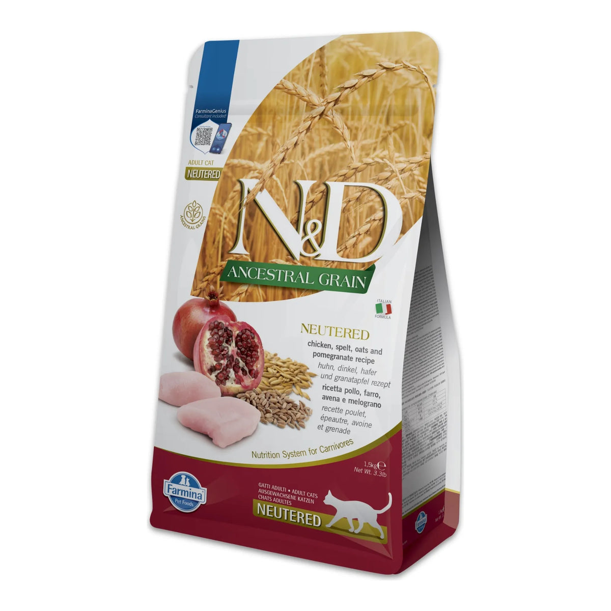 Bolsa de pienso Ancestral Grain esterilizados Farmina N&D en ángulo, con las recetas escritas en varios idiomas.