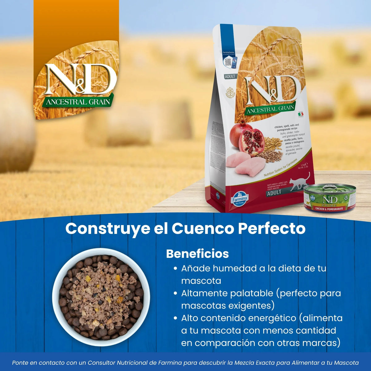 Bolsa del producto Farmina N&D junto a un bol de croquetas, sobre un fondo de campo.