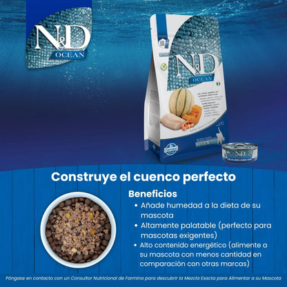Bolsa de pienso seco N&D Ocean de otra receta, con una lata pequeña, en una composición de marketing.