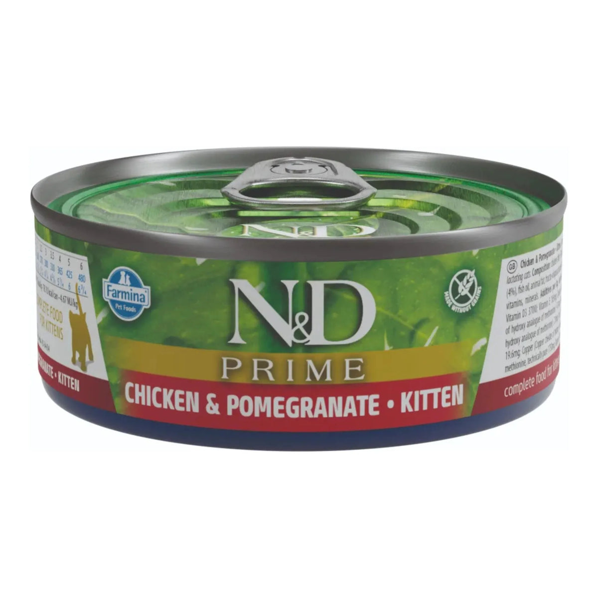 Lata frontal de la comida húmeda de pollo para gatitos Farmina N&D Prime, con su etiqueta.