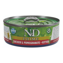 Lata frontal de la comida húmeda de pollo para gatitos Farmina N&D Prime, con su etiqueta.