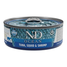 Lata de comida húmeda Farmina N&D Ocean de atún, calamar y gambas para gatos adultos.